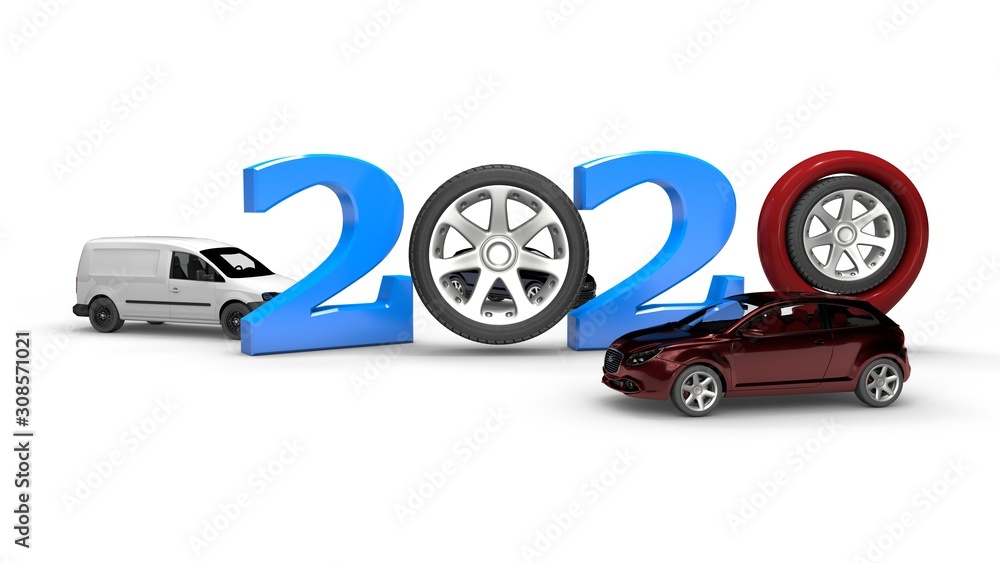 Poster 3d rendering of 2020 new year date formed by numbers and pins of navigators instead of zeros. wheels