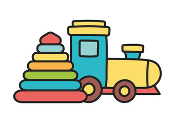 kids toy, rubber pyramid and plastic train toys