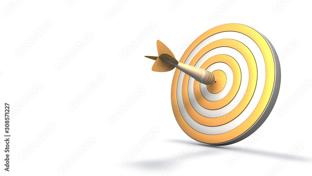 Poster 3d rendering of a golden target and a golden dart in the center. free space for text. isolated illus