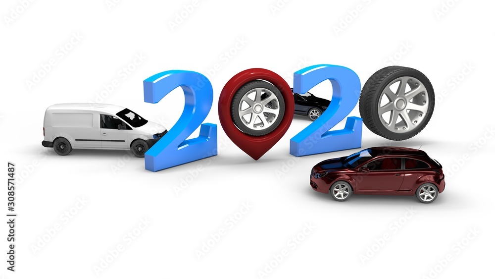 Poster 3d rendering of 2020 new year date formed by numbers and pins of navigators instead of zeros. wheels