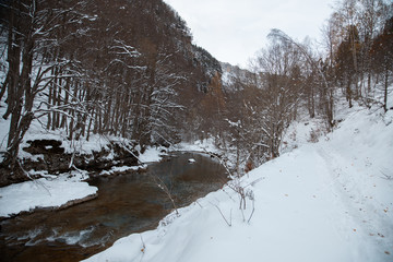 Ordesa National Valley in snowy autumn, located in Pyrenees Spain