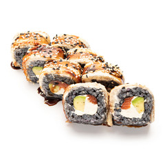 Japanese sushi with seafood on a white background isolates