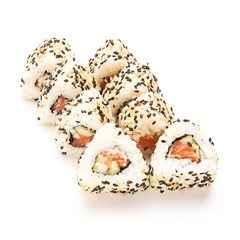 Japanese sushi with seafood on a white background isolates