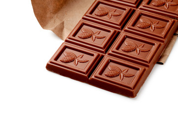 Milk chocolate bar isolated on white background from top view