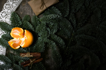 mandarin tree blue spruce background cinnamon star anise christmas present new year cookies gingerbread mulled wine