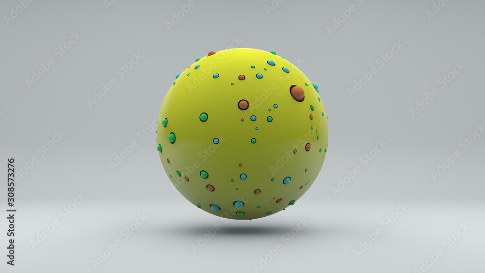 Poster 3d rendering of abstract yellow sphere with lots of small colored balls on the surface. abstract ill