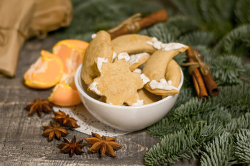 mandarin tree blue spruce background cinnamon star anise christmas present new year cookies gingerbread mulled wine
