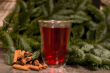 mandarin tree blue spruce background cinnamon star anise christmas present new year cookies gingerbread mulled wine