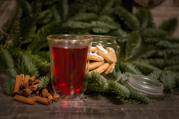 mandarin tree blue spruce background cinnamon star anise christmas present new year cookies gingerbread mulled wine