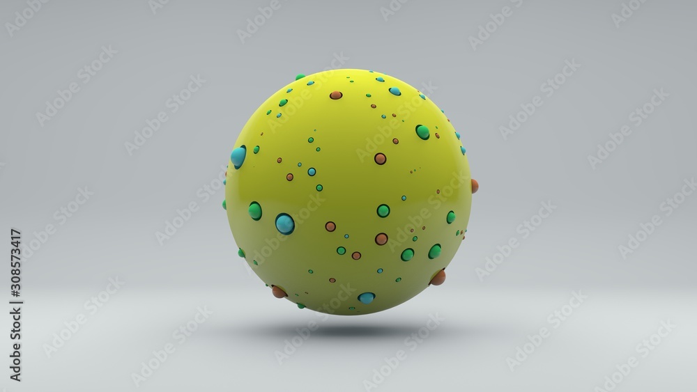 Poster 3d rendering of abstract yellow sphere with lots of small colored balls on the surface. abstract ill