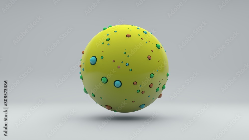 Poster 3d rendering of abstract yellow sphere with lots of small colored balls on the surface. abstract ill
