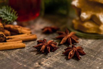 mandarin tree blue spruce background cinnamon star anise christmas present new year cookies gingerbread mulled wine