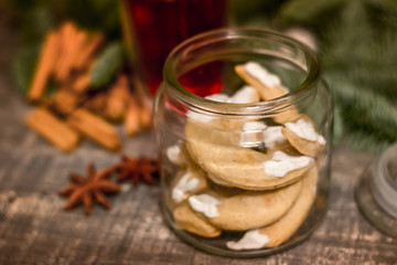mandarin tree blue spruce background cinnamon star anise christmas present new year cookies gingerbread mulled wine