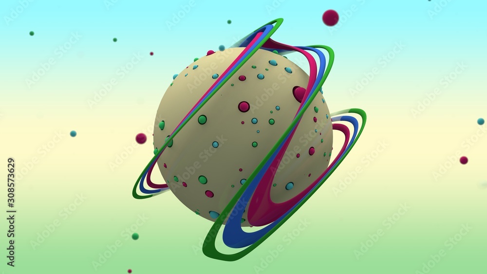 Poster 3d rendering of abstract yellow sphere with lots of small multicolored balls on the surface and surr