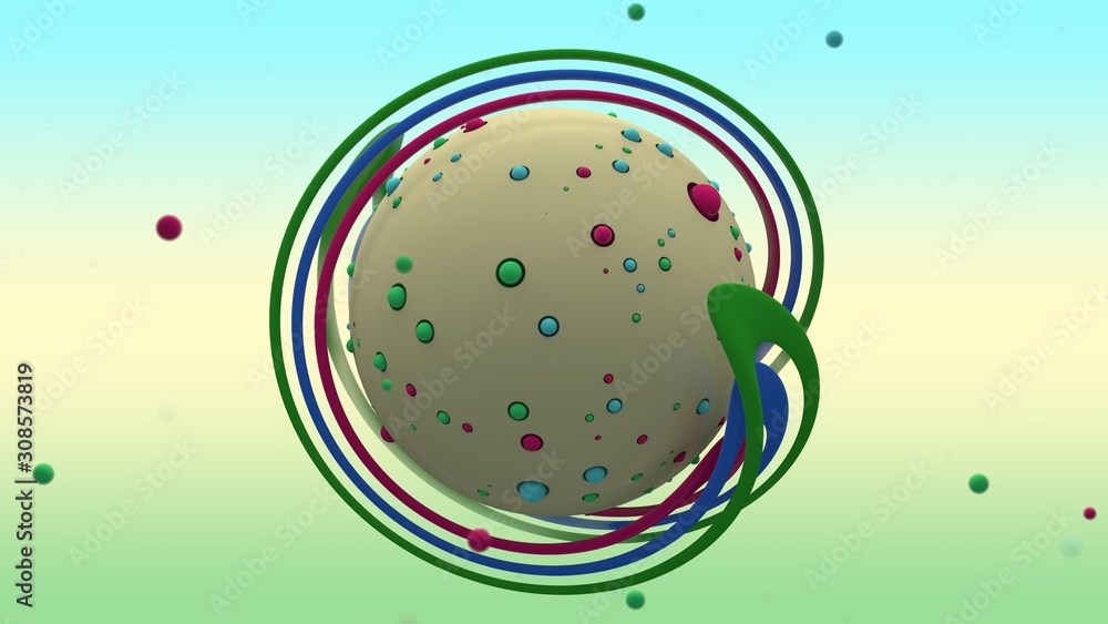 Poster 3d rendering of abstract yellow sphere with lots of small multicolored balls on the surface and surr