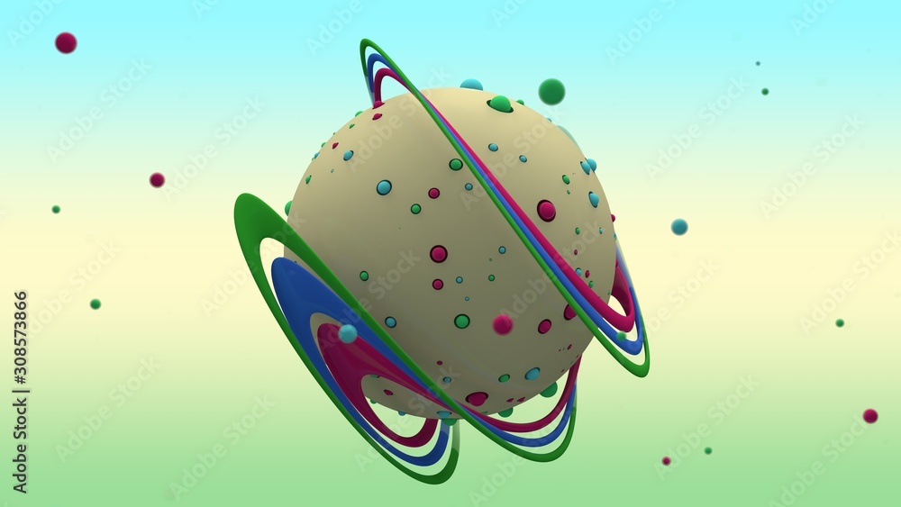 Poster 3d rendering of abstract yellow sphere with lots of small multicolored balls on the surface and surr