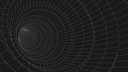 Vortex. Vector perspective grid. Wireframe abstract tunnel. 3D vector wormhole with a mesh structure.