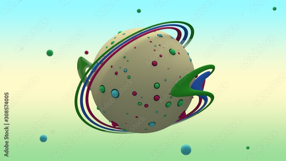 Poster 3d rendering of abstract yellow sphere with lots of small multicolored balls on the surface and surr