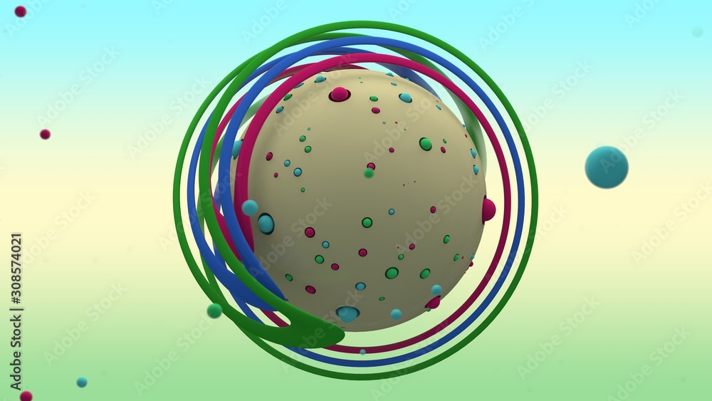 Poster 3d rendering of abstract yellow sphere with lots of small multicolored balls on the surface and surr