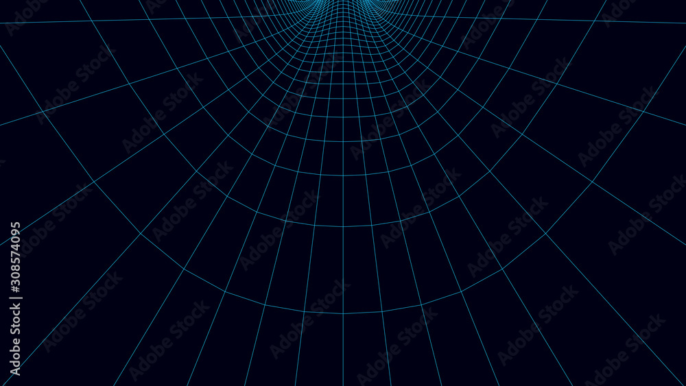 Poster vortex. vector perspective curved grid. wireframe abstract tunnel. 3d vector wormhole with a mesh st