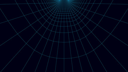 Vortex. Vector perspective curved grid. Wireframe abstract tunnel. 3D vector wormhole with a mesh structure.