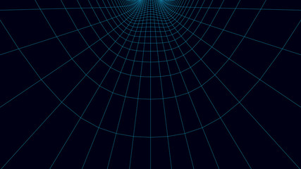 Vortex. Vector perspective curved grid. Wireframe abstract tunnel. 3D vector wormhole with a mesh structure.
