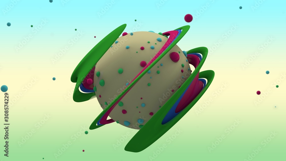 Poster 3d rendering of abstract yellow sphere with lots of small multicolored balls on the surface and surr