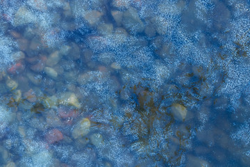 blue texture of an thin ice surface with pure transparent water ,cold clear snow cryslallized background ,winter frozen lake side close up , abstract macro wallpaper