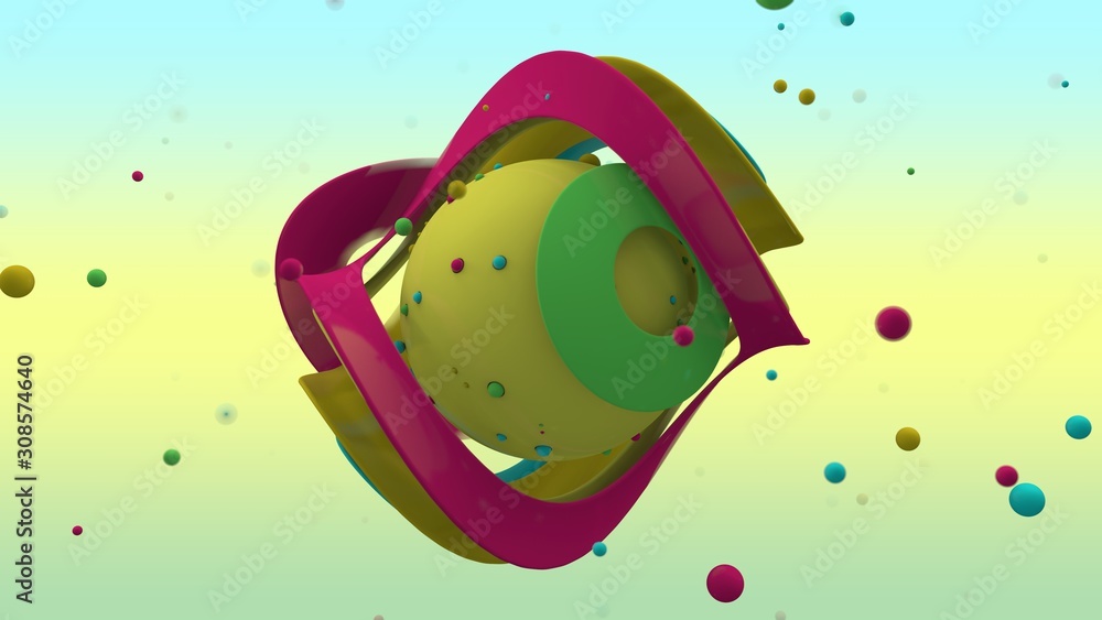 Poster 3d rendering of abstract yellow sphere with lots of small multicolored balls on the surface and surr