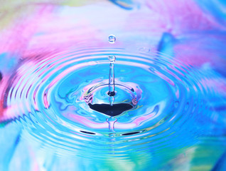 Photo art, Water drop and circles on on the water, colorful background in blue and pink colors