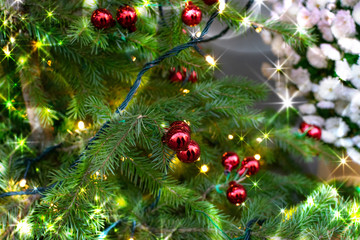 Decorated Christmas tree on blurred background with natural daylight
