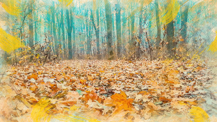 Watercolor pattern of stump and autumn leaves colorful illustration