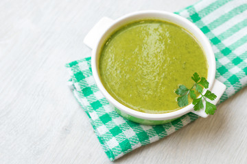 top view of vegetable broth dish, mash or cream