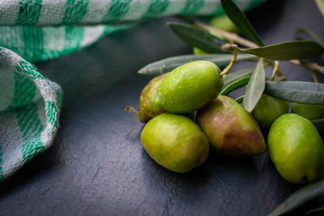 natural olives with olive leaves