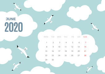 Wall June 2020 Calendar vector colorful template