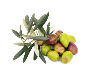 natural olives with olive leaves isolated