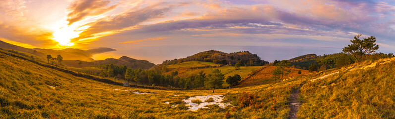 Panoramic of the beautiful Sunset on the mountain of Jaizkibel. Basque Country