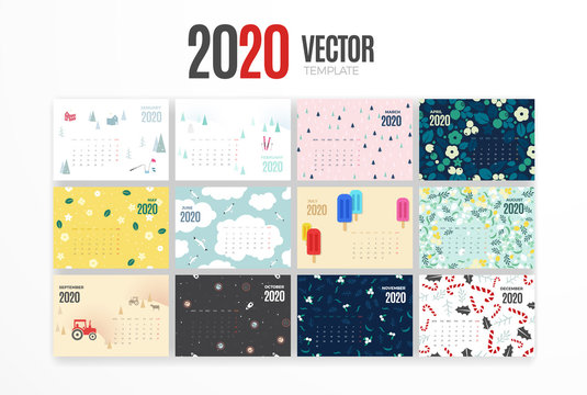 2020 calendar template. Vector colorful design with illustrations