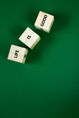 Life is good words on the faces of wooden cubes on a green background, selective focus