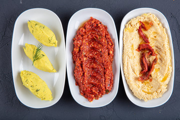Turkish cuisine appetizers; spicy mash, mashed potatoes, hummus.