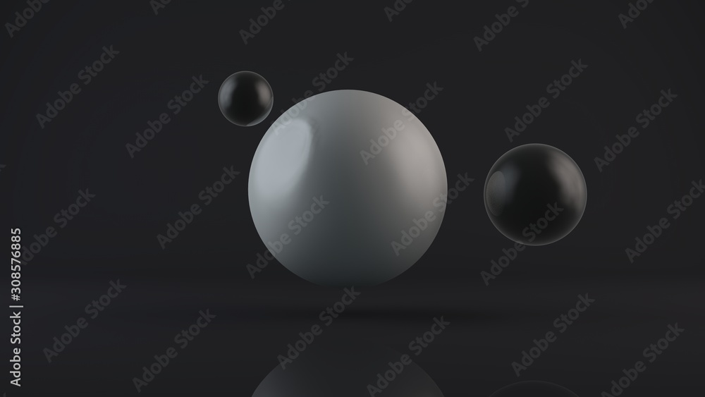 Poster 3d rendering of a large glowing white sphere and two black balls placed side by side. the objects ar