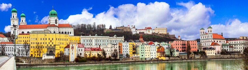 Landmarks and travel in Germany - beautiful Passau town in Bavaria. View with famous cathedral and bridge