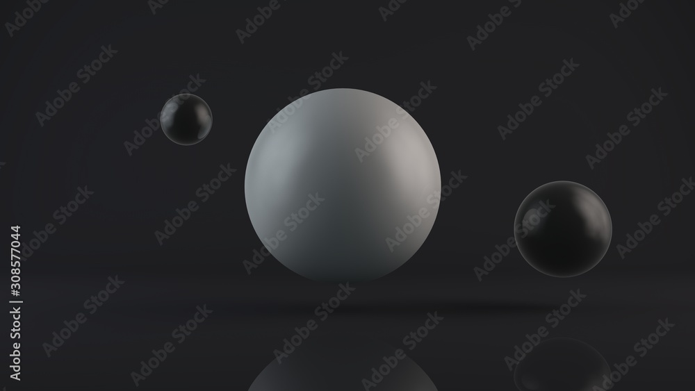 Poster 3d rendering of a large glowing white sphere and two black balls placed side by side. the objects ar