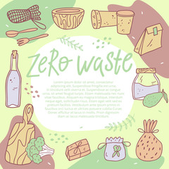 Zero waste. Set of templates of kitchen products. No plastic. Hand-drawn doodle illustration.