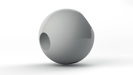 3D rendering of a large white ball isolated on a white background with a Studio surface shadow. The ball has perfectly round dents on the surface of different sizes and in different places