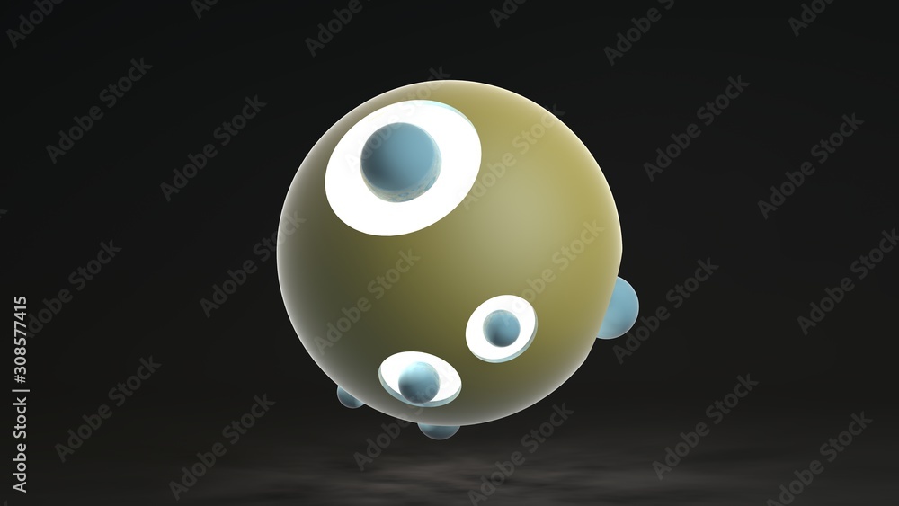 Poster 3d rendering of a large golden ball with round windows and glowing contents. in the windows sphere b
