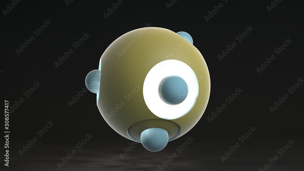 Poster 3d rendering of a large golden ball with round windows and glowing contents. in the windows sphere b