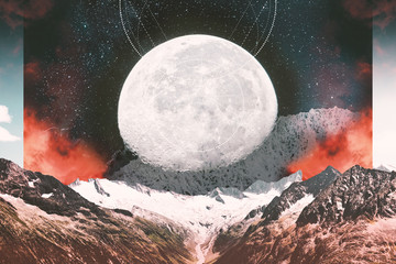 Abstract Landscapes Mountain valley with moon and space
