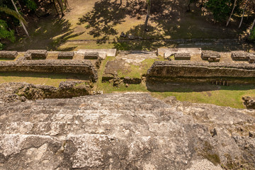 A view of the ground below from the top of the High Temple at Lamanai Archaeological site.