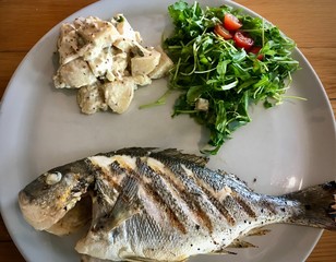 grilled fish and salad on a plate
